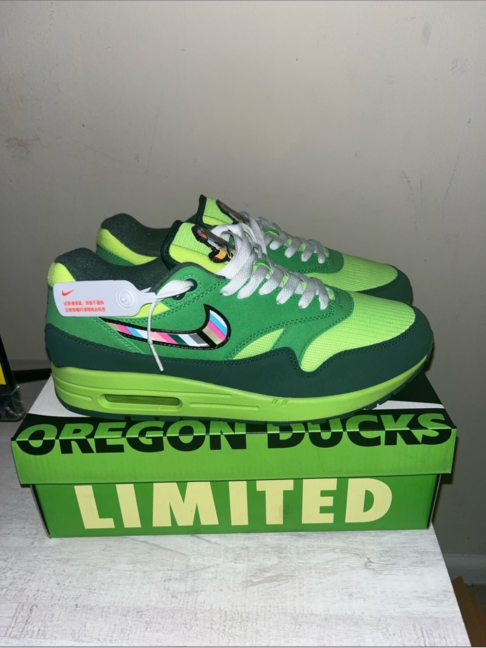 Nike Air Max 1 'Oregon' Neon Green & Dark Green with Multicolor Swoosh